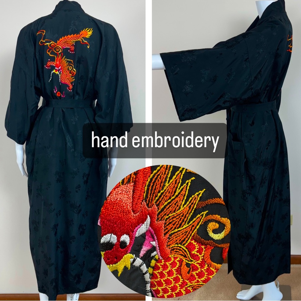 Japanese Asian Embroidered Hand Embroidery Kimono Robe Rayon Black Silver Lake M